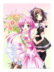  2girls aino_ai alternate_costume aria_(manga) bad_id bad_pixiv_id blue_eyes bouquet brown_hair casual daisy dress flower food fruit green_eyes holding holding_bouquet holding_hands interlocked_fingers lily_(flower) mizunashi_akari multiple_girls no_headwear orange_flower orange_rose pecorin photoshop_(medium) pink_flower pink_hair ribbon rose short_hair strawberry thighhighs yellow_flower zettai_ryouiki zinnia 