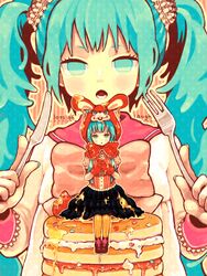  2girls animal_ears animal_hat aqua_eyes aqua_hair asahi_(pamuko) bonnet commentary_request food fork hat hatsune_miku honey in_food knife lol_-lots_of_laugh-_(vocaloid) long_hair mini_person minigirl multiple_girls pancake rabbit_ears syrup twintails vocaloid 