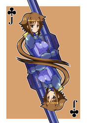  breasts brown_eyes brown_hair card card_(medium) commentary_request covered_nipples dieci_(nanoha) female gun holding holding_gun holding_weapon jack_(playing_card) jack_of_clubs_(playing_card) large_breasts long_hair lyrical_nanoha mahou_shoujo_lyrical_nanoha_strikers multiple_views numbers_(nanoha) playing_card ponytail rotational_symmetry weapon zerosu_(take_out) 