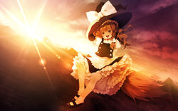  backlighting blonde_hair braid broom broom_riding chinchickrin commentary_request female hat highres kirisame_marisa mary_janes outdoors partial_commentary photoshop_(medium) shoes short_hair sidesaddle solo sunset touhou witch_hat yellow_eyes yukkuri_shiteitte_ne 