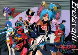  3boys 6+girls alty_al_lazel armor artist_request black_hair blonde_hair blue_hair breasts cape cleavage clenched_hand danzaiver dark_skin denim denim_shorts elbow_gloves erel_prowlse eretzvaju everyone facial_mark fingerless_gloves forehead_mark gally_gregman gloves headband highres himeno_midori ihadurca kakurine large_breasts linedwell_rainrix lipstick long_hair makeup midriff multiple_boys multiple_girls ponytail purple_hair red_hair school_uniform setsuna_saizuki short_hair shorts skirt spiked_hair sword tattoo tenpouin_keiya weapon white_hair 