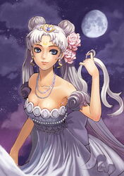  aged_up back_bow bare_shoulders bishoujo_senshi_sailor_moon blue_eyes bow breasts cleavage commentary_request crescent crescent_facial_mark crown double_bun dress facial_mark female flower forehead_mark gibbous_moon gold_crown grey_hair hair_bun hair_flower hair_ornament heart_crown holding holding_own_hair jeweled_crown jewelry large_breasts long_hair moon neck necklace neo_queen_serenity pearl_necklace pink_flower pink_rose purple_theme rose silver_hair solo sparkle strapless strapless_dress tiara tsukino_usagi yukiusagi1983 