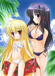  2girls adjusting_hair age_difference aona_masao arm_behind_back bandeau bikini black_hair blonde_hair blue_bikini blush breasts cleavage cloud commentary_request cowboy_shot day flat_chest floral_print fortune_arterial front-tie_bikini_top front-tie_top hair_intakes hair_ribbon halterneck holding kuze_kiriha leaf legs_apart light_smile lolicon long_hair looking_at_viewer multiple_girls navel outdoors parted_bangs parted_lips pink_sarong print_sarong profile purple_eyes red_eyes ribbon sarong sendou_kaya side-tie_bikini_bottom sideboob sidelocks sky small_breasts smile standing string_bikini swimsuit thigh_gap tress_ribbon very_long_hair white_bikini 