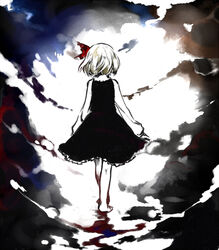  arms_at_sides bare_legs barefoot blonde_hair facing_away female from_behind full_body hair_ribbon long_sleeves red_ribbon ribbon rumia shiina_aya short_hair skirt skirt_set solo touhou vest walking 