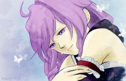  bug butterfly claves female mido_(artist) photoshop_(medium) purple_eyes purple_hair solo tears trusty_bell 