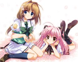  2girls :&lt; ahoge black_legwear blue_eyes blush brown_eyes brown_footwear cherry_blossoms choukou_sennin_haruka flower hair_flower hair_intakes hair_ornament hair_ribbon hairband kneehighs loafers long_hair looking_at_viewer lying multiple_girls on_stomach pink_skirt pleated_skirt puffy_sleeves qp:flapper ribbon school_uniform shihoudou_narika shoes short_sleeves sitting skirt smile socks takamori_haruka wariza white_skirt 