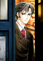  1boy animification bishounen brown_eyes brown_hair commentary doctor_who formal jacket male_focus necktie photoshop_(medium) police_box raye_(raichis) solo tardis tenth_doctor_(doctor_who) the_doctor 