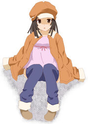  bad_id bad_pixiv_id bakemonogatari brown_eyes brown_hair cabbie_hat denim female goro hat jacket jacket_on_shoulders jeans monogatari_(series) pants sengoku_nadeko shoes short_hair solo 