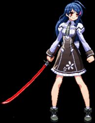  ahoge animated animated bare_legs blue_hair boots dress female idle_animation long_hair lowres mitonoya_saki pixel_art solo sprite standing sugeno_tomoaki sword vanguard_princess weapon 