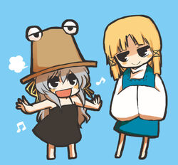  2girls alternate_color bad_id bad_pixiv_id blonde_hair chibi crossover dress eighth_note hat kadotarou m.u.g.e.n moriya_suwako multiple_girls musical_note one_-_kagayaku_kisetsu_e orihara_misao pyonta simple_background touhou 