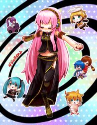  3boys 4girls aqua_eyes aqua_hair asahi_(pamuko) bad_id bad_pixiv_id blonde_hair blue_hair brown_hair chibi closed_eyes double_lariat_(vocaloid) hatsune_miku headphones kagamine_len kagamine_rin kaito_(vocaloid) kamui_gakupo long_hair megurine_luka meiko_(vocaloid) multiple_boys multiple_girls navel pink_hair purple_hair short_hair skirt smile thighhighs vocaloid 