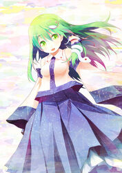  chinchickrin commentary_request female frog green_eyes green_hair hair_ornament kochiya_sanae long_hair long_skirt photoshop_(medium) skirt snake solo touhou 