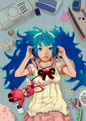  12_(xaenedju) aqua_eyes aqua_hair bad_id bad_pixiv_id candy digital_media_player female food hatsune_miku headphones ipod lol_-lots_of_laugh-_(vocaloid) long_hair lying on_back rabbit solo stuffed_animal stuffed_rabbit stuffed_toy vocaloid 