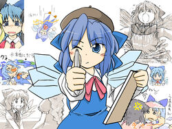  3girls adapted_costume anger_vein blue_bow blue_dress blue_eyes blue_hair blush_stickers bow cirno commentary_request crying crying_with_eyes_open dress e_saiba hairbow holding holding_pen inaba_tewi long_sleeves multiple_girls neck_ribbon open_mouth pen photoshop_(medium) red_ribbon ribbon sketchbook tears touhou wings yagokoro_eirin 