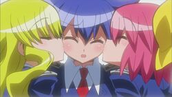  3girls :o anime_screenshot blazer blonde_hair blue_hair blush bow closed_eyes embarrassed hair_between_eyes hairbow jacket kissing kuchinashi_(needless) long_hair mio_(needless) multiple_girls necktie needless open_mouth pink_hair profile school_uniform setsuna_(needless) short_hair sidelocks simple_background spiked_hair teamwork upper_body wavy_hair white_background wince yuri 