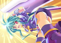  antenna_hair ass bent_over boots female gloves green_hair long_hair open_mouth panties pantyshot polaris_(shinrabanshou) ponytail purple_thighhighs red_eyes shinozuka_atsuto shinrabanshou solo sword thigh_boots thighhighs underwear weapon 