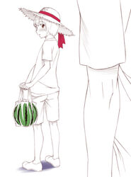  1boy androgynous bad_id bad_pixiv_id bag blush food fruit hourou_musuko male_focus monochrome nitori_shuuichi otoko_no_ko sawa_jaaji short_hair spot_color watermelon 