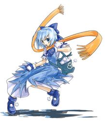  blue_bow blue_eyes blue_hair boots bow circled_9 cirno cirno-nee commentary_request female hairbow makie_fujiyuki orange_scarf scarf short_hair snowball solo touhou wings 