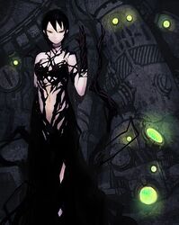  armor bad_id bad_pixiv_id biomega black_eyes black_hair cyberpunk female glaring highres kardal_spindal lights looking_at_viewer machinery oguchi short_hair solo 