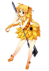  bardiche_(assault_form)_(nanoha) bardiche_(nanoha) blonde_hair commentary_request cosplay dress fate_testarossa female flower full_body hair_flower hair_ornament hair_ribbon highres iga_tamaki legs long_hair lyrical_nanoha mahou_shoujo_lyrical_nanoha_strikers mizuki_nana mizuki_nana_(cosplay) photoshop_(medium) red_eyes ribbon solo sunflower twintails voice_actor_connection 