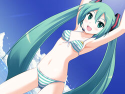  aqua_eyes aqua_hair armpits arms_up bikini blush cloud commentary_request day female front-tie_top hatsune_miku hyokkori_tamago light_rays long_hair open_mouth project_diva project_diva_(series) sky smile solo striped_bikini striped_clothes sunbeam sunlight swimsuit swimwear_(module) twintails vocaloid 