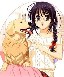  ahoge alternate_hairstyle animal animal_on_lap bare_arms bare_shoulders black_eyes black_hair blanket braid breasts canine collarbone day dog_on_lap female glasses golden_retriever grey_eyes hair_over_shoulder hair_ribbon happy highres indoors long_hair looking_at_another looking_at_viewer looking_away looking_to_the_side marie_(sister_princess) michael_(sister_princess) nose_pads off_shoulder official_art on_lap open_mouth plaid plaid_skirt profile red_ribbon red_skirt ribbed_sweater ribbon rimless_eyewear sidelocks sister_princess sitting skirt small_breasts smile sunlight sweater teeth tenhiro_naoto tongue tongue_out twin_braids under_covers white_sweater window window_blinds 