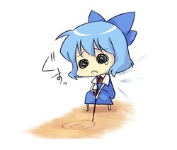  :&lt; bad_id bad_pixiv_id blue_bow blue_hair bow chibi circled_9 cirno cirno_day drawing female hairbow hana_azuki sad sand short_hair solo squatting tears touhou wings 