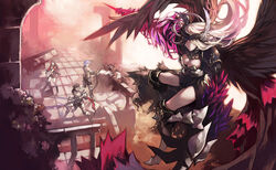  2boys 2girls aoin armor armored_dress blonde_hair blue_hair boots breasts brown_hair cleavage commentary_request creator_(ragnarok_online) in-universe_location large_breasts long_hair lord_knight_(ragnarok_online) multiple_boys multiple_girls photoshop_(medium) ragnarok_online red_eyes sniper_(ragnarok_online) sword valkyrie valkyrie_randgris weapon wings 