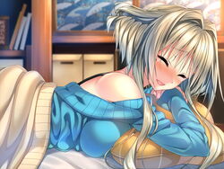  amakano bed blush brown_hair closed_eyes female game_cg kanbayashi_mizuki mole open_mouth pillow piromizu solo 