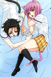  1boy animal_ears arato_hisako black_hair breasts female kurokiba_ryou open_mouth purple_hair red_eyes shokugeki_no_souma short_hair skirt socks tail yellow_eyes 