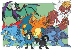  2016 amocin anthro black_body black_fur blue_body blue_fur canid canine carracosta charizard claws crocodilian digital_media_(artwork) dinosaur dragon extinct felid female feral feraligatr fossil_pokemon fur generation_1_pokemon generation_2_pokemon generation_4_pokemon generation_5_pokemon generation_6_pokemon group hair lucario luxray male mammal muscular mythological_creature mythological_scalie mythology nintendo noivern open_mouth pokemon pokemon_(species) prehistoric_species reptile scalie simple_background smile tail tongue tyrantrum wings 