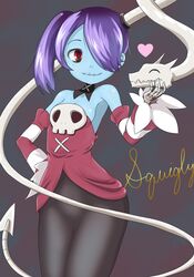  bare_shoulders blue_skin breasts detached_collar detached_sleeves female hair_over_one_eye ju_(old505) leviathan_(skullgirls) side_ponytail skullgirls smile squigly_(skullgirls) stitched_mouth stitches striped_sleeves zombie 