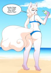  2017 alolan_form alolan_vulpix anthro anthrofied ass barefoot beverage big_breasts big_butt bikini breasts butt_pose canid canine clothed clothing cloud container cup dialogue english_text feet female fluffy fluffy_tail fox fur generation_7_pokemon hair hi_res holding_object iabelle juice_(disambiguation) long_hair looking_back mammal nintendo pokemon pokemon_(species) pokemorph pose purple_eyes rear_view regional_form_(pokemon) side_boob sky solo speech_bubble swimwear tail text tiptoes water white_body white_fur white_hair 