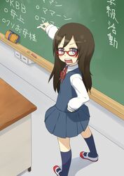  arm_up b-man blue_dress blue_eyes blue_shirt blue_socks blush board_eraser brown_hair chalk chalkboard collared_shirt commentary_request double-parted_bangs dress female from_above full_body gakkatsu! glasses hand_on_own_hip holding holding_chalk kneehighs long_hair long_sleeves looking_at_viewer looking_back neck_ribbon open_mouth pinafore_dress pleated_dress profanity red-framed_eyewear red_footwear red_ribbon ribbon school_uniform shadow shirt shoes sleeveless sleeveless_dress socks solo standing table takachiho_chiho teeth two-tone_footwear upper_teeth_only uwabaki white_shirt 