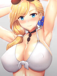  armpits azur_lane bikini blonde_hair blue_eyes blush breasts choker closed_mouth commentary_request covered_nipples eyewear_on_head female grey_background hair_over_shoulder hood_(azur_lane) hood_(lady_of_the_shining_sun)_(azur_lane) large_breasts long_hair looking_at_viewer official_alternate_costume shin&#039;yashiki smile solo sunglasses swimsuit upper_body white_bikini 