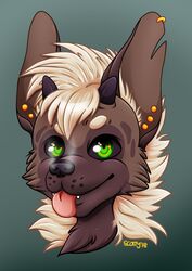  2018 anthro blep blonde_hair chibi digital_drawing_(artwork) digital_media_(artwork) ear_piercing female fluffy fur hair happy headshot_portrait horn hyena killingtea kona_(killingtea) looking_at_viewer mammal piercing portrait simple_background smile smokey_(disambiguation) solo steam striped_hyena thebadnewsbear tongue tongue_out 