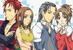  2boys 2girls :d arc_the_lad arc_the_lad_ii arc_the_lad_iii bare_shoulders breasts brown_hair commentary_request crop_top crossed_arms dark_skin dress marsia_(arc_the_lad) multiple_boys multiple_girls open_mouth sania_(arc_the_lad) smile strikek-lvvjm27 sweatdrop tosh_(arc_the_lad) upper_body velhart 