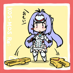  android bare_shoulders blue_hair breasts chibi commentary_request elbow_gloves female forehead_protector futaba_no_taiko gloves gun kos-mos kos-mos_re: leotard long_hair looking_at_viewer open_mouth red_eyes solo thighhighs very_long_hair weapon white_leotard xenoblade_chronicles_(series) xenoblade_chronicles_2 xenosaga 