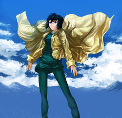  androgynous artist_request backdrop blue_eyes clouds coat collar female kino kino_no_tabi long_coat mountains short_hair sky tagme 