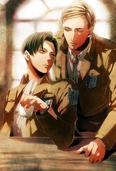  2boys bad_id bad_pixiv_id black_hair blonde_hair cup emblem erwin_smith jacket levi_(shingeki_no_kyojin) multiple_boys otani_(gloria) paradis_military_uniform shingeki_no_kyojin survey_corps_(emblem) window 