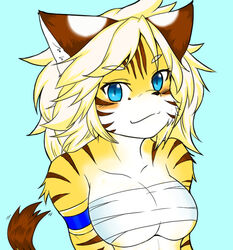  2015 anthro armband blonde_hair blue_background blue_eyes blush breasts breasts_tied bust_portrait chest_wraps cyberconnect2 drecom felid female full_bokko_heroes fur hair icon kemono looking_at_viewer mammal megane_inu mostly_nude orange_body orange_fur pantherine portrait simple_background smile solo striped_body striped_fur stripes tiger under_boob white_body white_fur wraps zhang_fei_(full_bokko_heroes) 