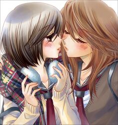  2girls blush closed_eyes couple earmuffs girl_friends_(manga) incipient kissing kumakura_mariko lips looking_at_another multiple_girls oohashi_akiko school_uniform uniform yuri 