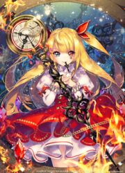  apple_caramel blonde_hair blue_eyes bow clock commentary_request dress female fire gem hairbow heterochromia long_hair looking_at_viewer mouth_hold official_art own_hands_together red_dress red_eyes smile solo trickster_(ntreev_soft) watermark 