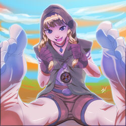  barefoot feet female hood linkle looking_at_viewer nintendo pov_feet scamwich soles solo the_legend_of_zelda toes twin_braids zelda_musou 