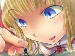  1boy archived_source bad_id bad_link blonde_hair blue_eyes blurry blush female from_below giant giantess mini_person miniboy necktie ookiku_narue pointing pointing_at_another red_skirt shirt shukushou_gakuen size_difference skirt sleeve_cuffs white_shirt 