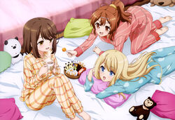  3girls :d absurdres ahoge barefoot blonde_hair blue_eyes brown_eyes brown_hair candy chloe_lemaire cup drink food futon girlfriend_(kari) hair_ornament hairclip highres hot_chocolate lollipop lying mug multiple_girls non-web_source nyantype official_art on_stomach open_mouth pajamas pillow pocky ponytail sakurai_akane_(girlfriend) scan shiina_kokomi sitting sleepover smile 