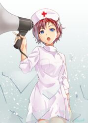  arm_at_side bad_id bad_twitter_id blue_eyes bracelet female hat highres idolmaster idolmaster_million_live! idolmaster_million_live!_theater_days jewelry julia_(idolmaster) looking_at_viewer megaphone nurse nurse_cap open_mouth parody pocket red_hair shiina_ringo short_hair signature solo standing yanagita_kousuke 