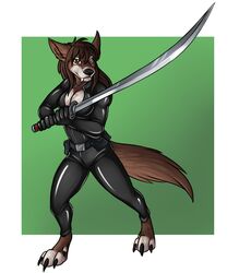  2016 amocin anthro biped blizzard_entertainment bodysuit breasts canid claws clothed clothing dewclaw digital_media_(artwork) digitigrade fangs female fur hair holding_melee_weapon holding_object holding_sword holding_weapon katana kill_bill looking_at_viewer mammal melee_weapon simple_background skinsuit solo standing sword tail teeth tight_clothing toe_claws warcraft weapon were werecanid worgen 