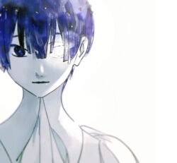  1other androgynous blue_eyes blue_hair blunt_bangs commentary_request glowing glowing_eye heterochromia houseki_no_kuni looking_at_viewer other_focus phosphophyllite phosphophyllite_(ll) portrait short_hair solo spoilers toooka white_background white_eyes 