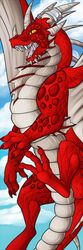  1:3 2016 amocin blizzard_entertainment bookmark_design claws cloud day digital_media_(artwork) dragon drogan_(amocin) druids_the_comic fangs feral fin horn male mythological_creature mythological_scalie mythology open_mouth outside paws red_body red_scales scales scalie sky solo tail teeth toe_claws tongue warcraft wings 